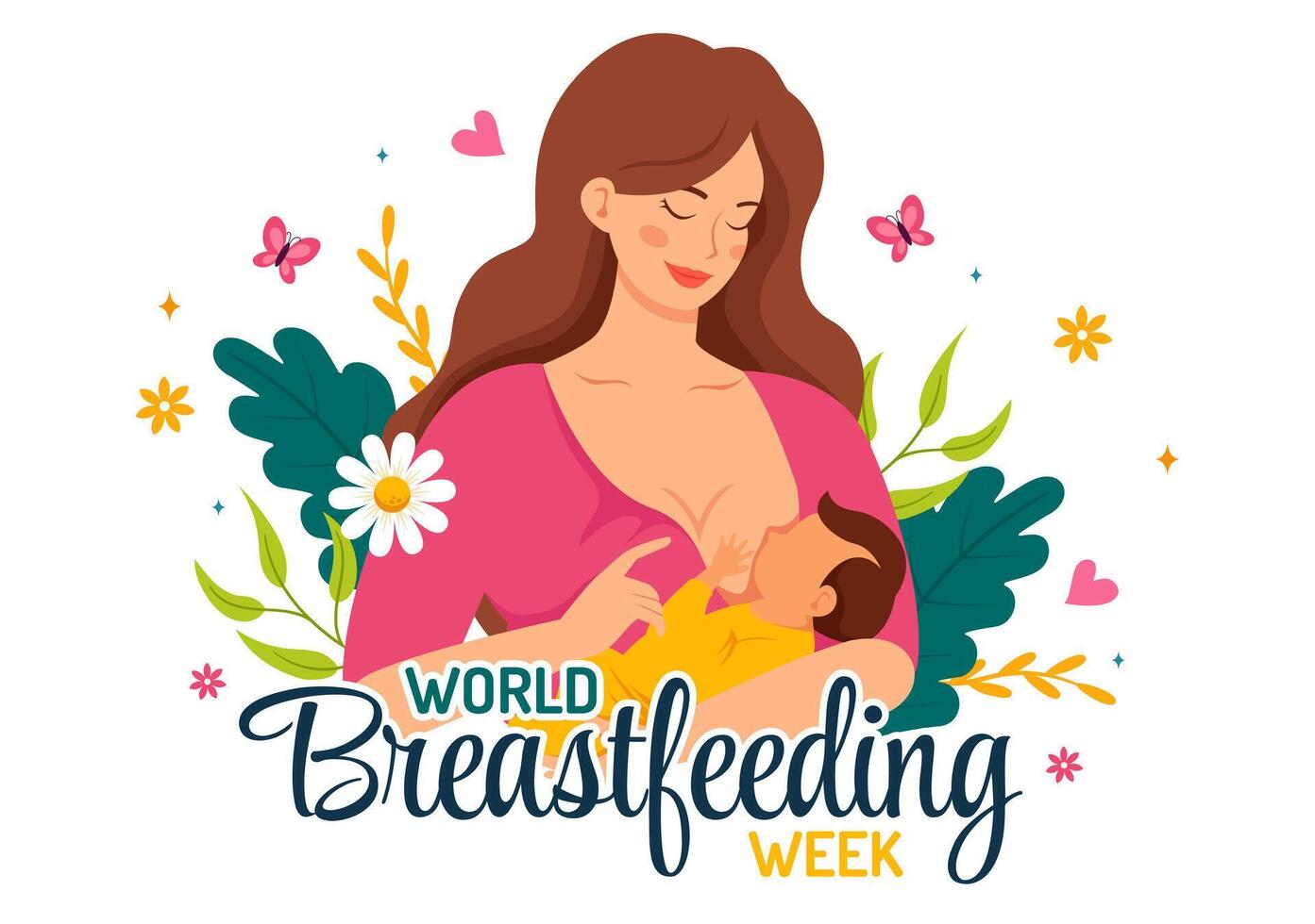 World Breastfeeding Week Illustration, Depiction of Baby Feeding with Mother's Milk in Flat Style Cartoon Background Design vector