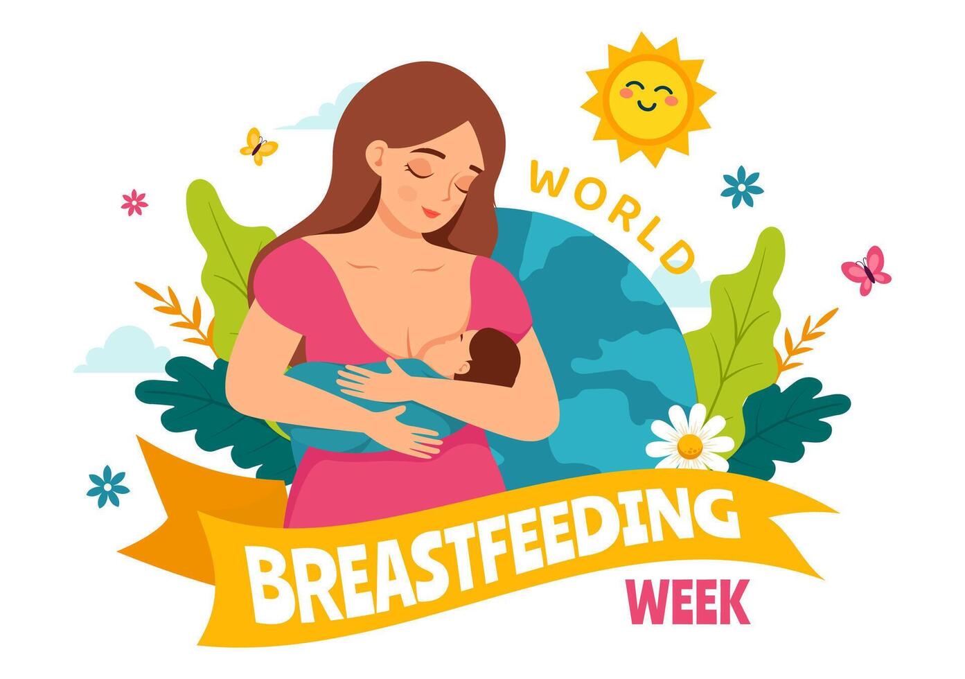 World Breastfeeding Week Illustration, Depiction of Baby Feeding with Mother's Milk in Flat Style Cartoon Background Design vector