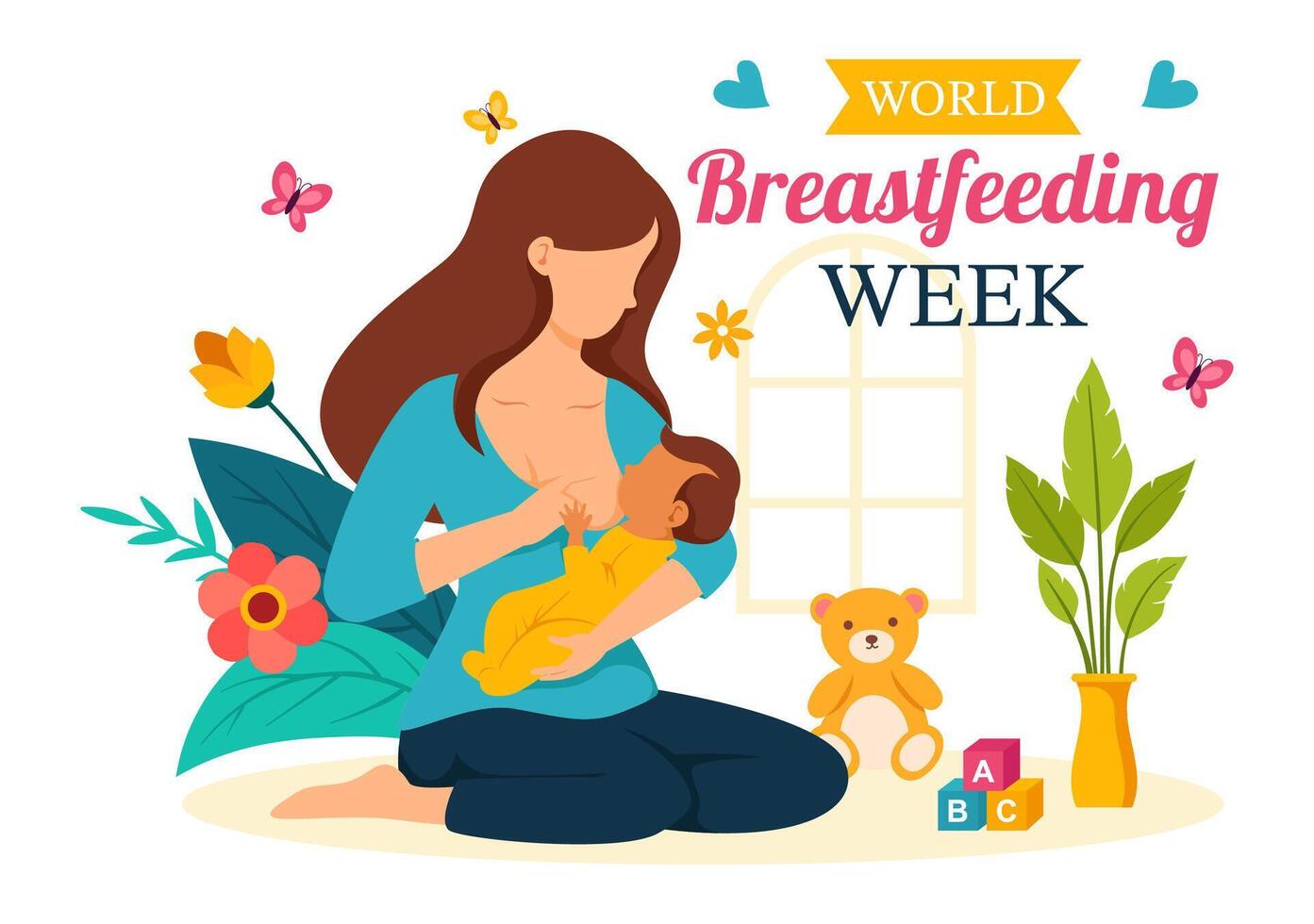 World Breastfeeding Week Illustration, Depiction of Baby Feeding with Mother's Milk in Flat Style Cartoon Background Design vector