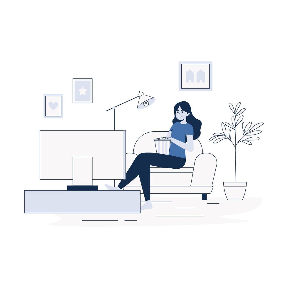 Daily Activities woman watches TV, woman sit on sofa, Illustration in Flat Style vector