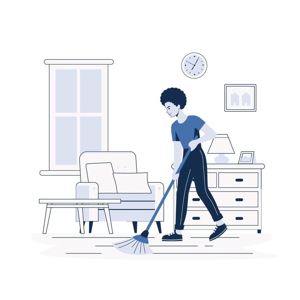 Young Woman Doing sweeping Floor, Girl Washing Living Room, Routine, Weekend Chores. Illustration in Flat Style vector