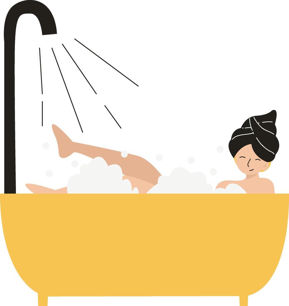 Young Woman Taking A Bath. Hygiene And Relaxation Concept. Modern Bathroom With Bathtub, Hanging Towel And Shampoos vector