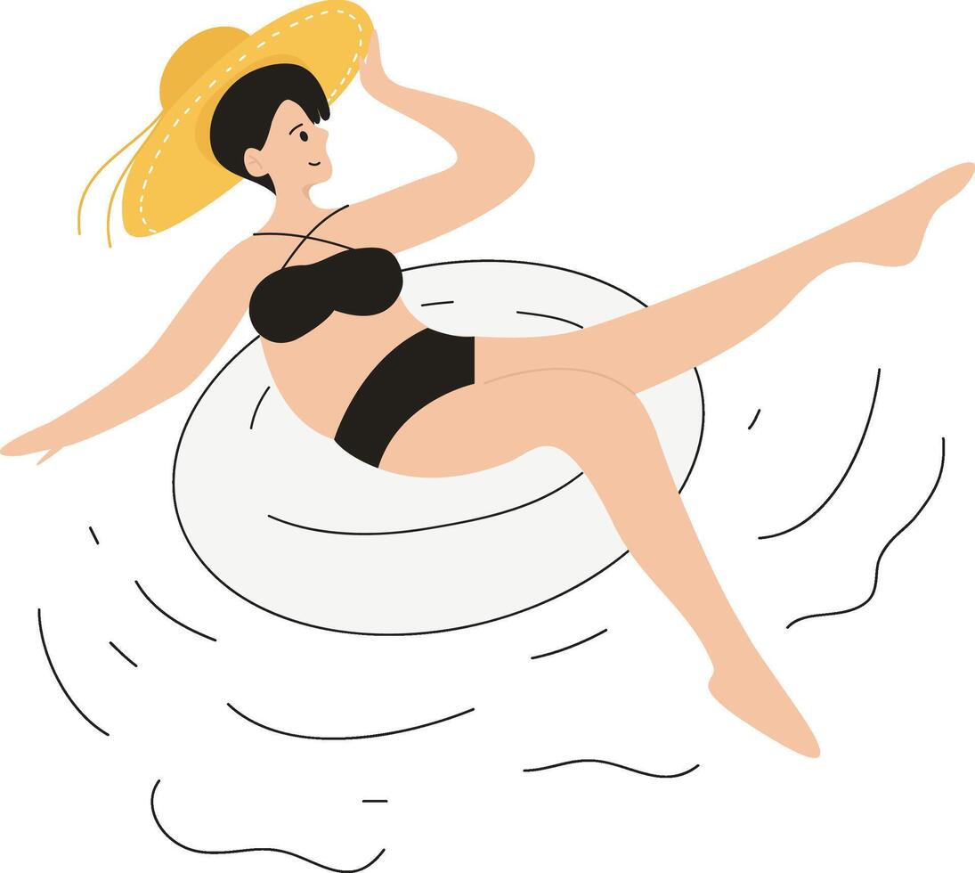People Character Swimming in Public Swimming Pool in Summer. Woman wearing Swimsuits Sunbathing, Lying and Floating on Water. Summer Vacation Concept. Flat Isometric Illustration. vector
