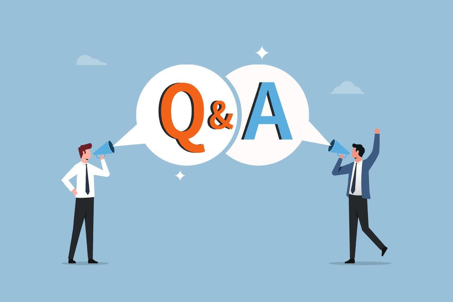 Question and Answer session or QA. FAQ or frequently asked questions. Two businessmen are shouting on megaphone as Q and A on speech bubble. Information to solve problem vector