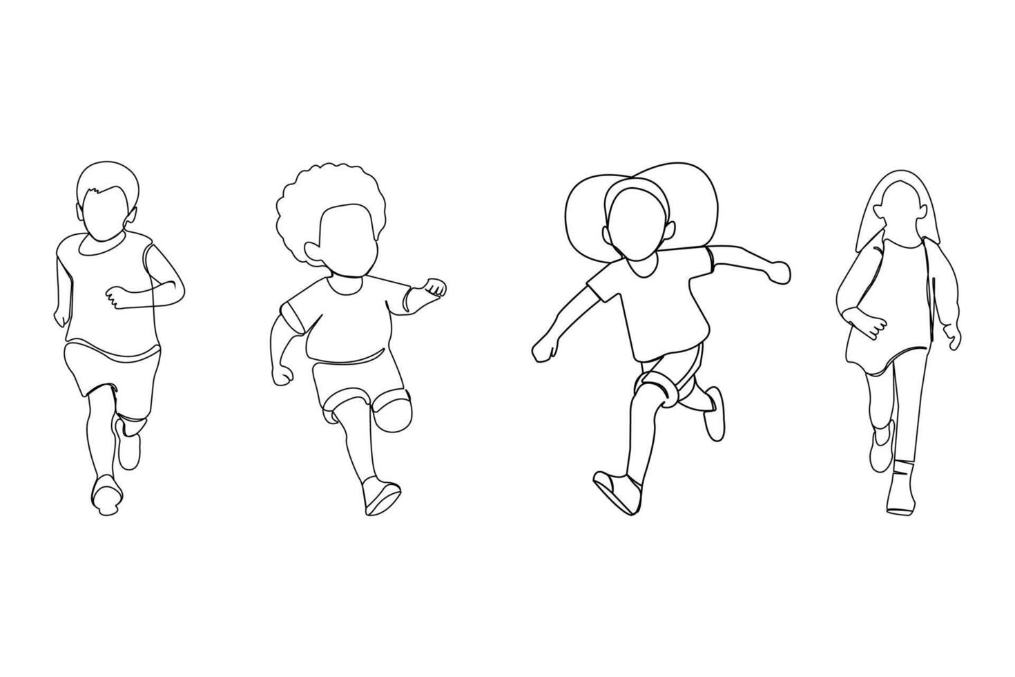 Children running continuous outline isolated on white background. vector
