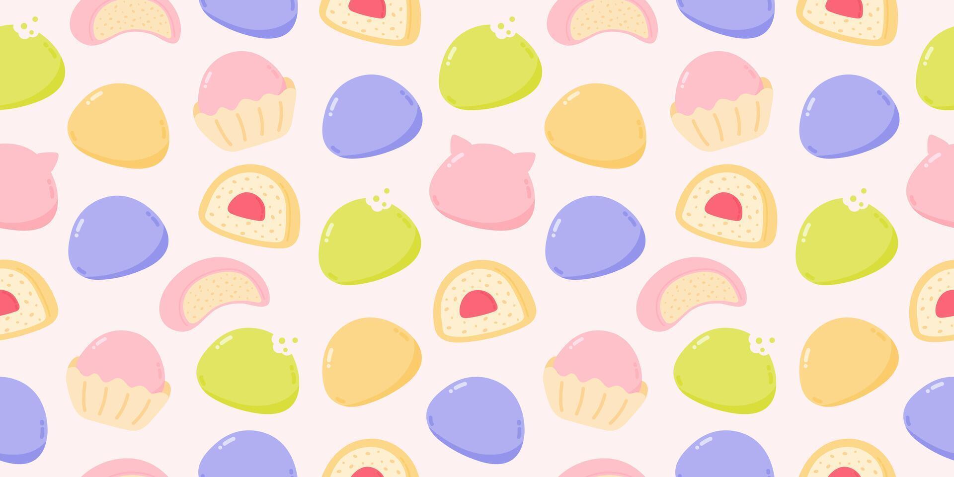 Seamless pattern with mochi of different tastes vector