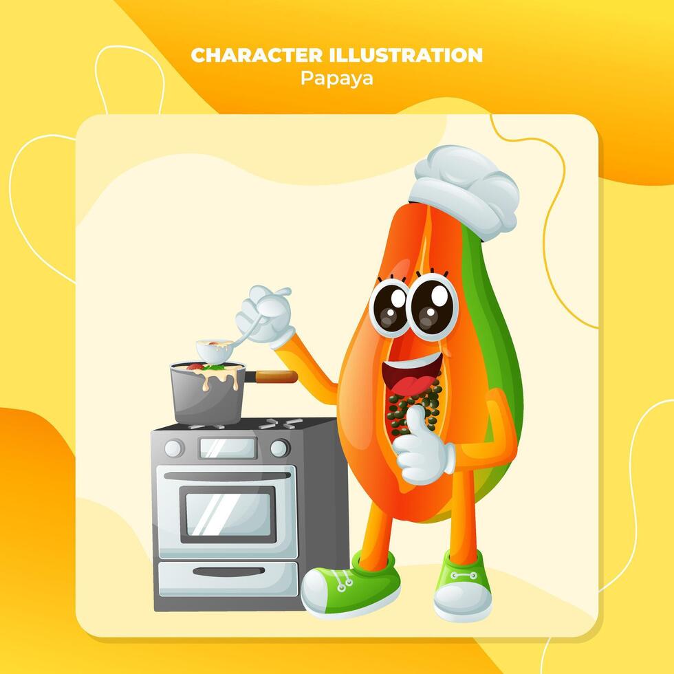 Cute papaya character cooking on a stove vector