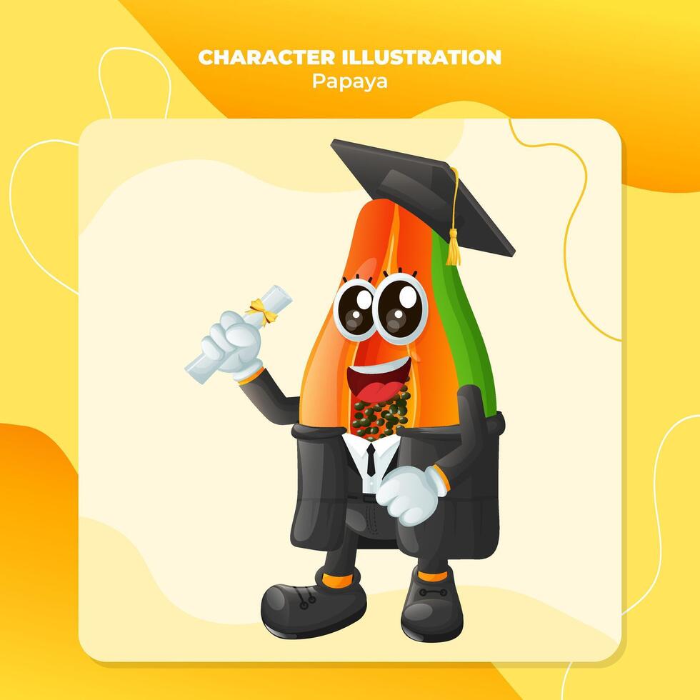 Cute papaya character wearing a graduation cap and holding a diploma vector