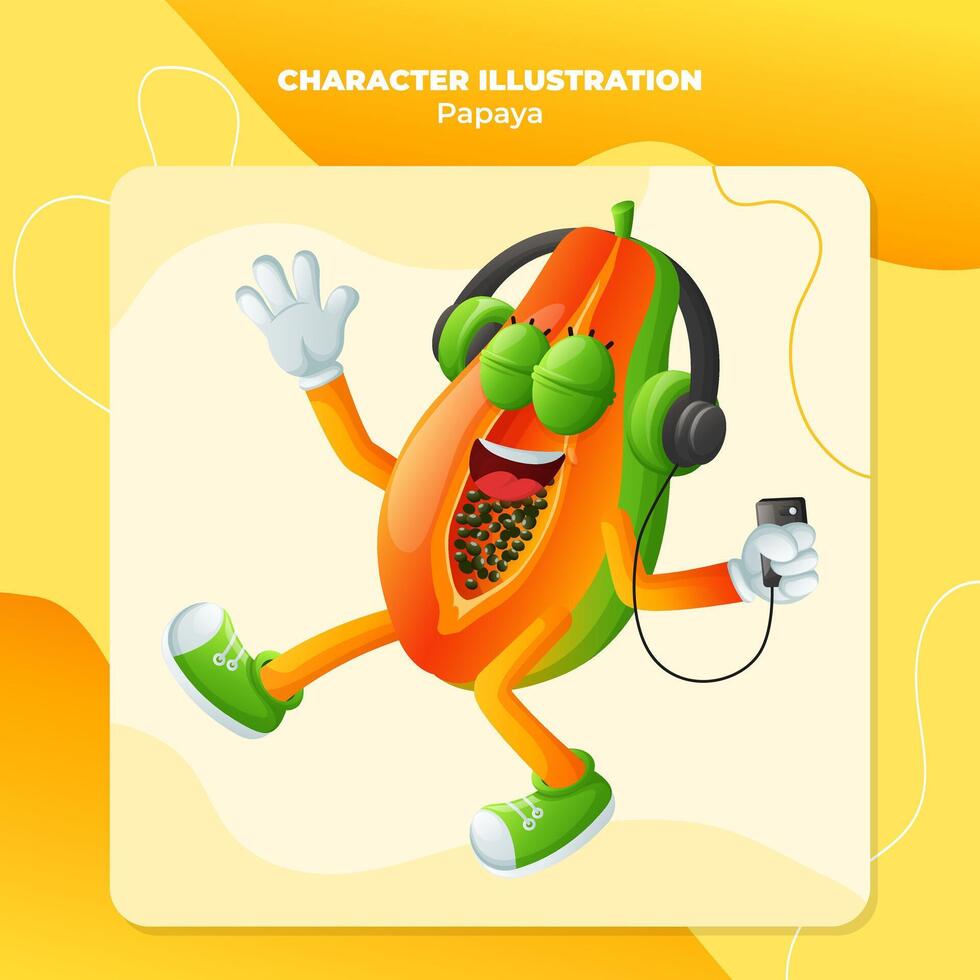 Cute papaya character listening to music vector