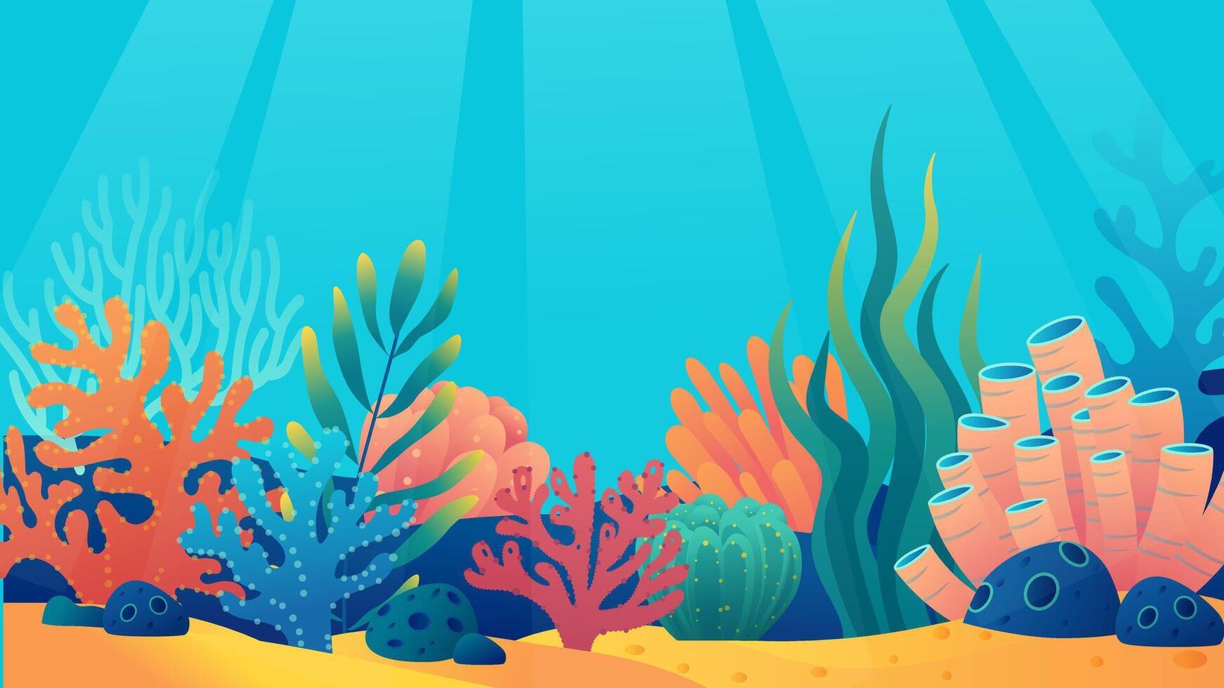 Sunlight penetrates through the sea water, illuminating the corals, seaweed, and sponges at the bottom of the sea, an illustration for marine environment background vector