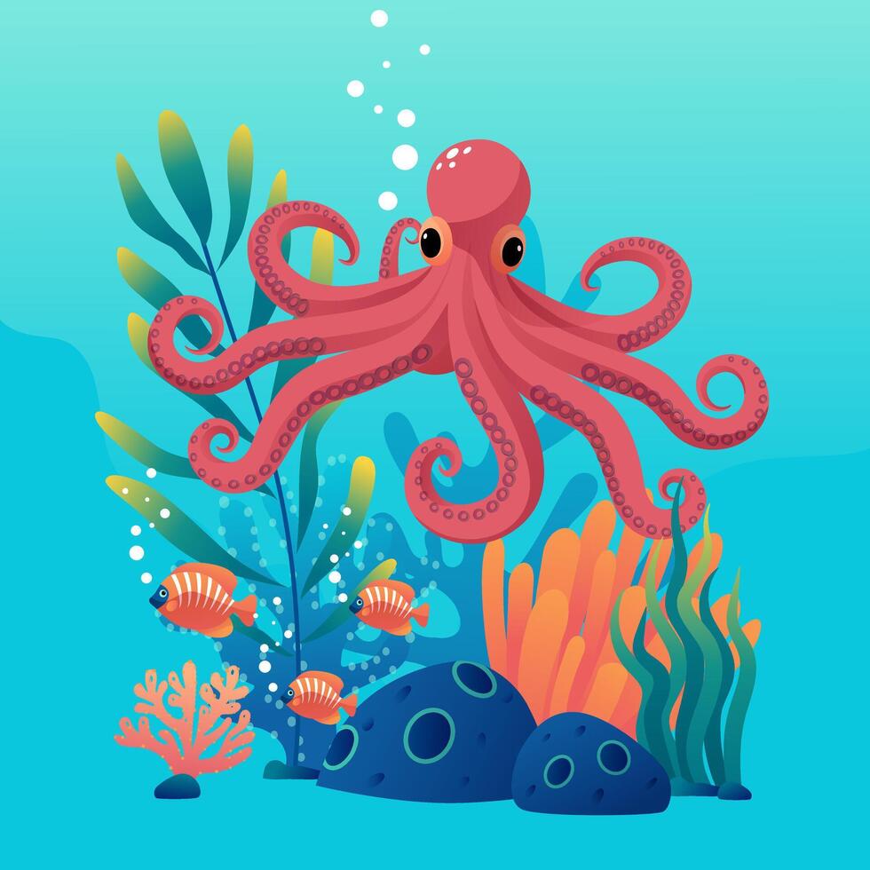 An octopus swimming through the corals, seaweed, and sponges at the bottom of the sea, an illustration for marine environment protection vector