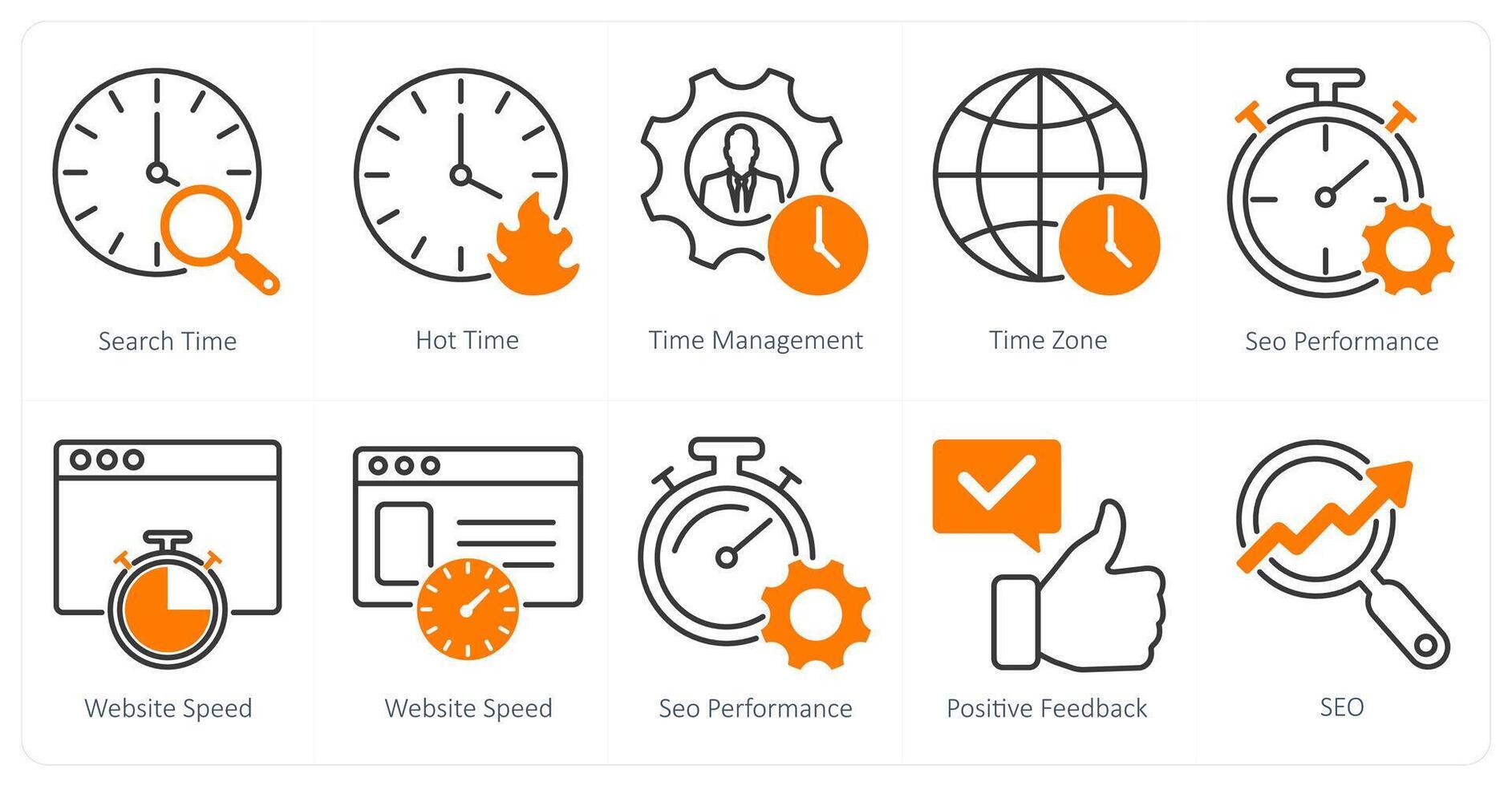 A set of 10 seo icons as search time, hot time, time management vector