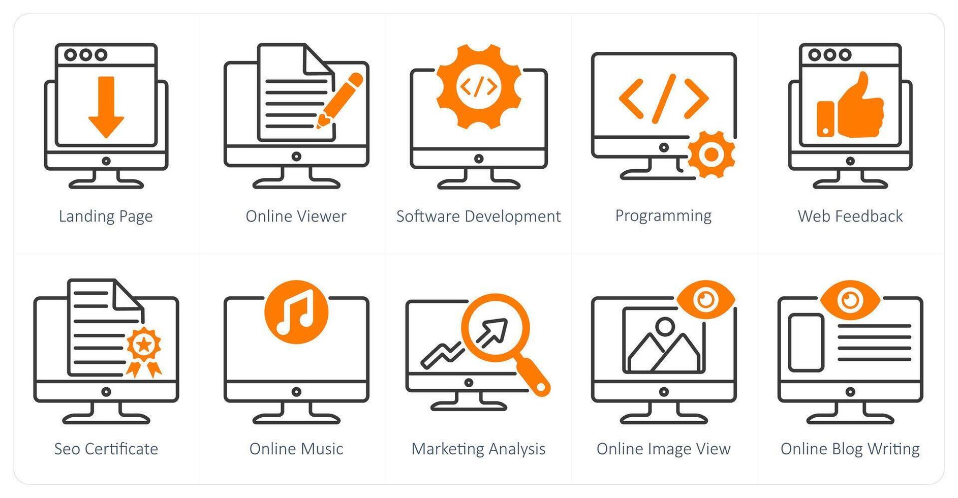 A set of 10 seo icons as landing page, online viewer, software development vector