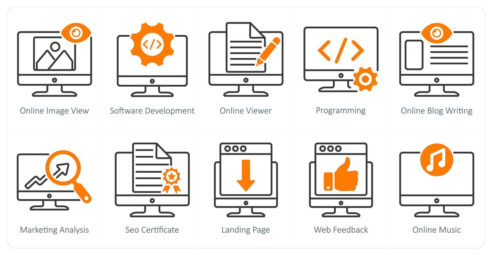 A set of 10 seo icons as online image view, software development ...