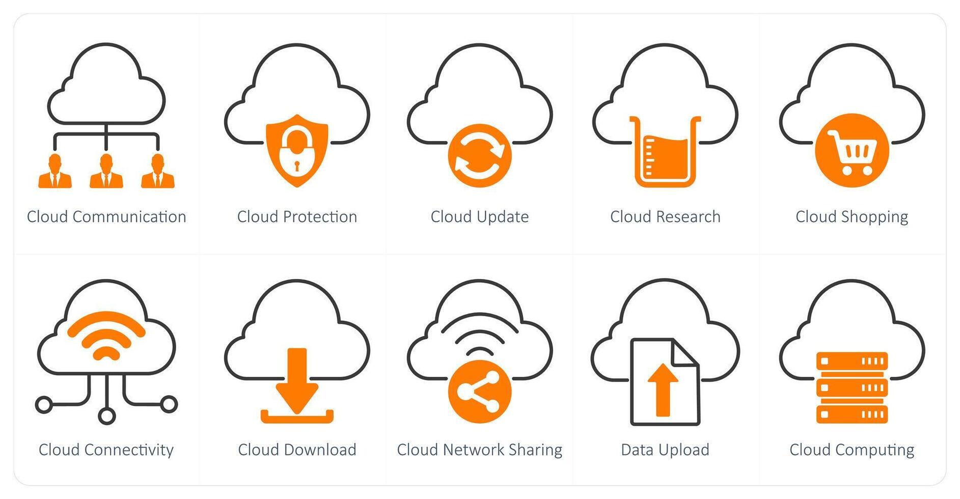 A set of 10 seo icons as cloud communication, cloud protection, cloud update vector