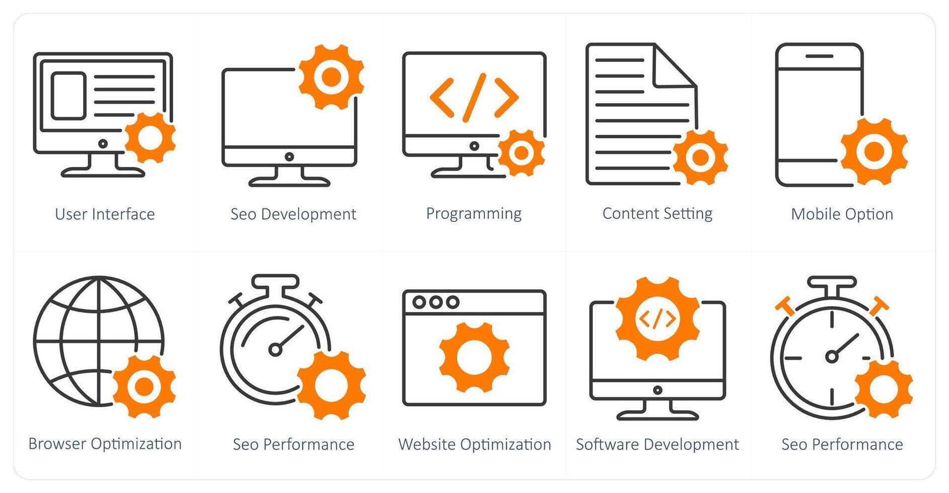 A set of 10 seo icons as user interface, seo development, programming vector