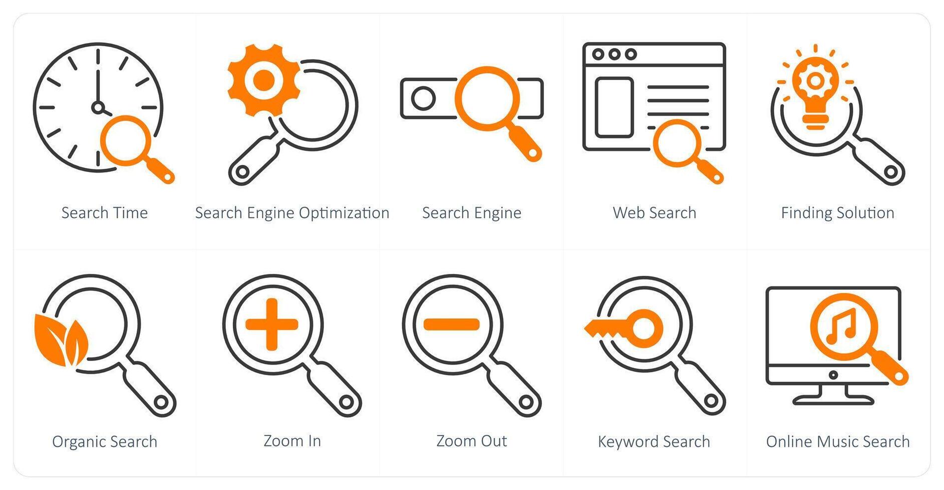 A set of 10 seo icons as search time, search engine optimization, search engine vector