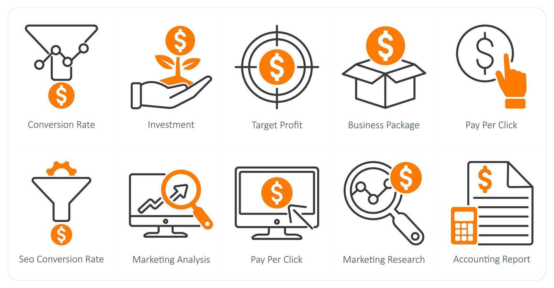 A set of 10 seo icons as conversion rate, investment, target profit vector