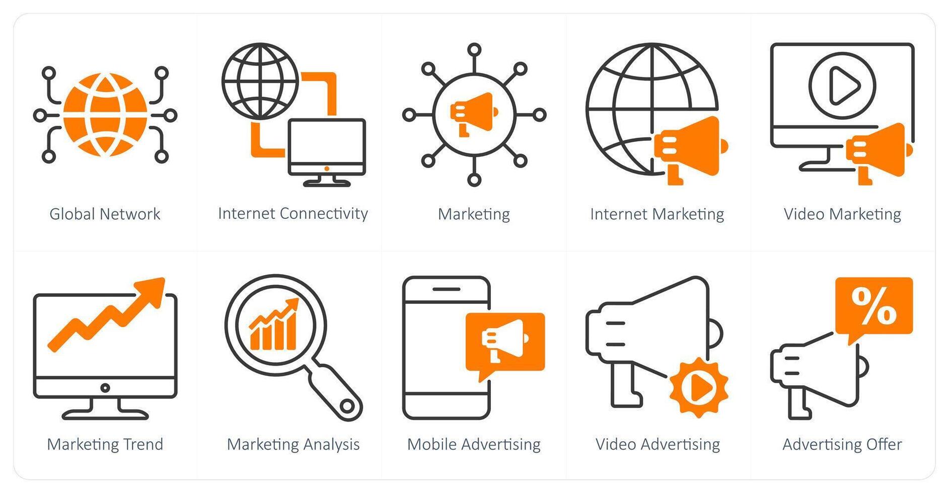 A set of 10 seo icons as global network, internet connectivity, internet marketing vector