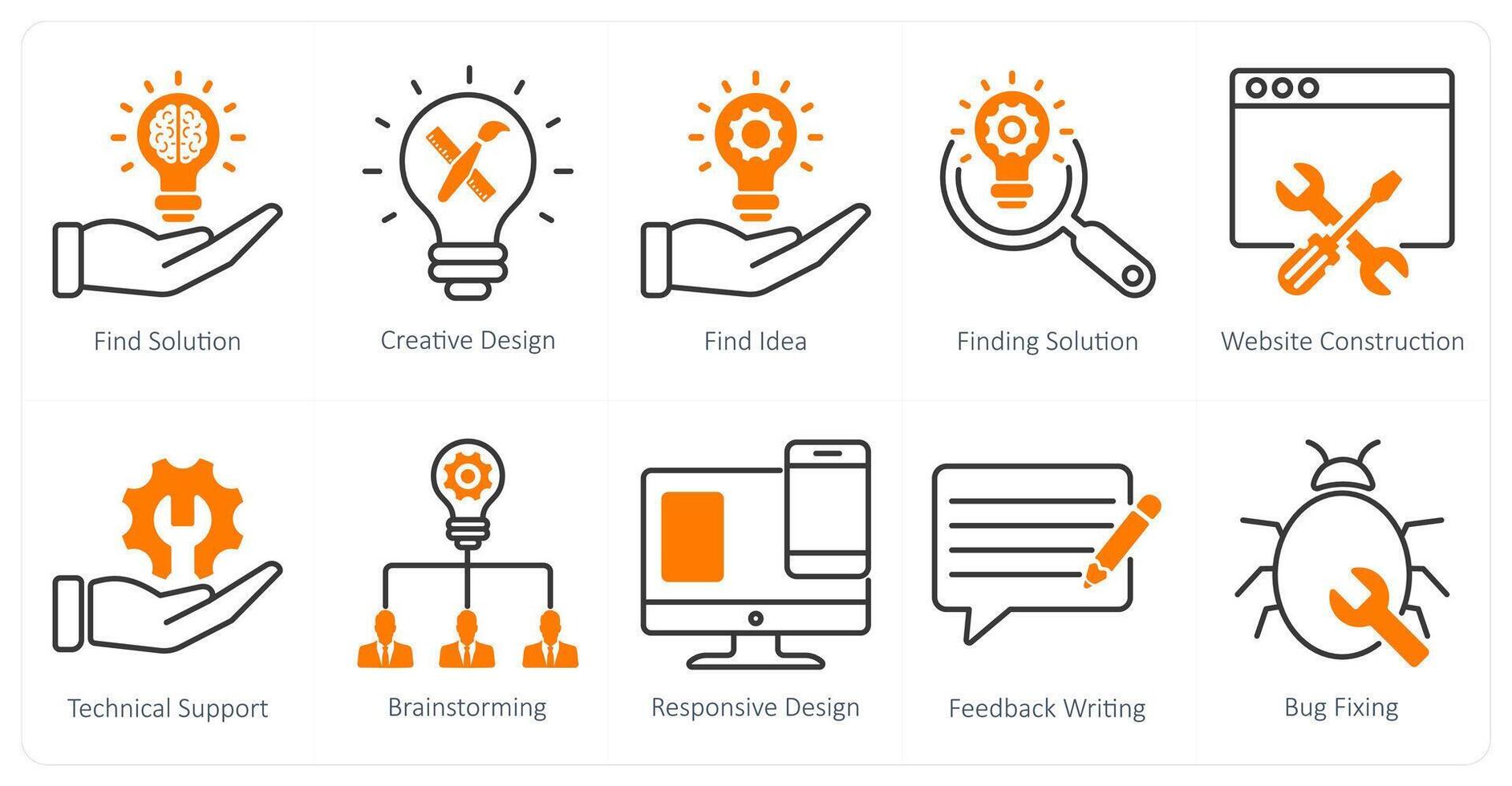 A set of 10 seo icons as find solution, creative design, find idea vector