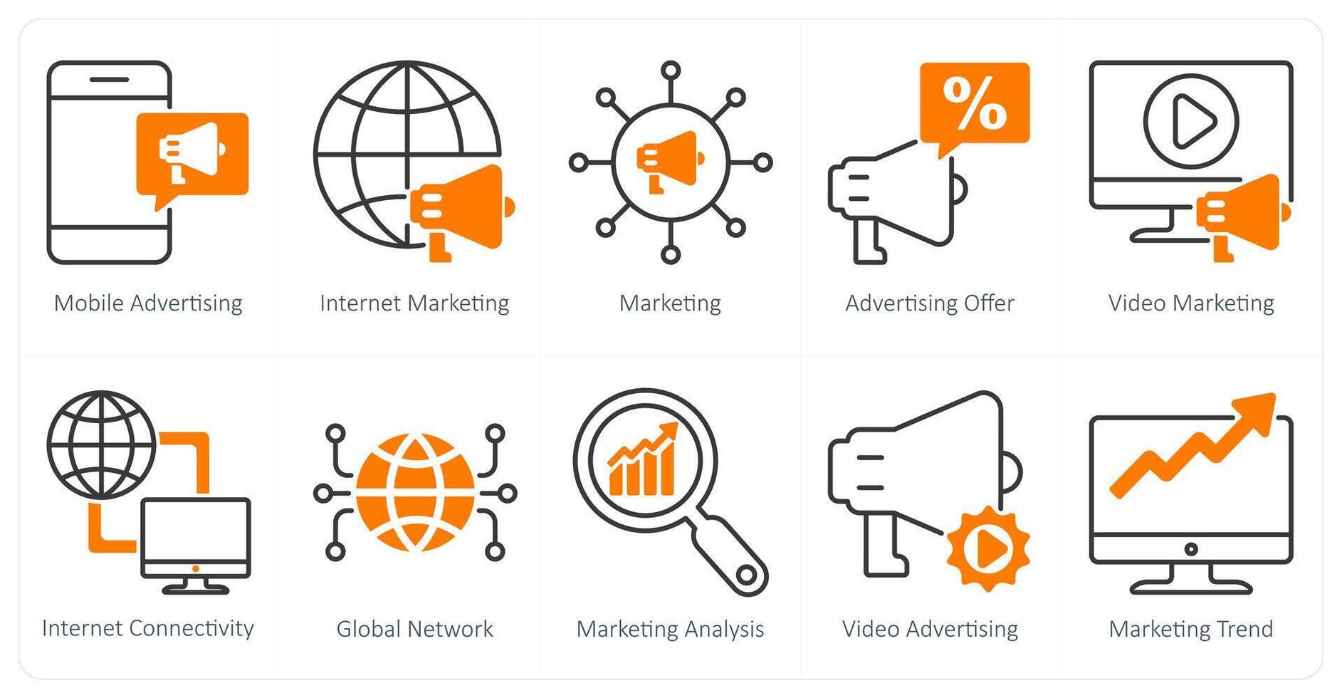A set of 10 seo icons as mobile advertising, internet marketing, marketing vector