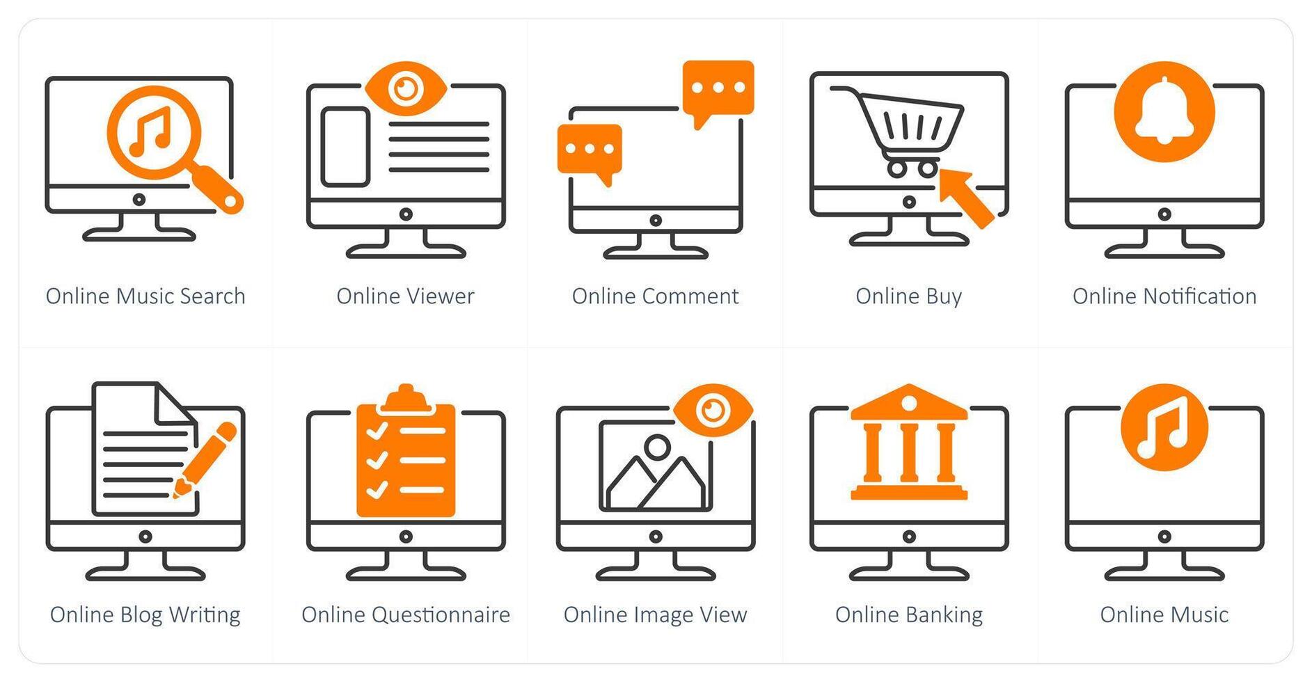 A set of 10 seo icons as online music search, online viewer, online comment vector