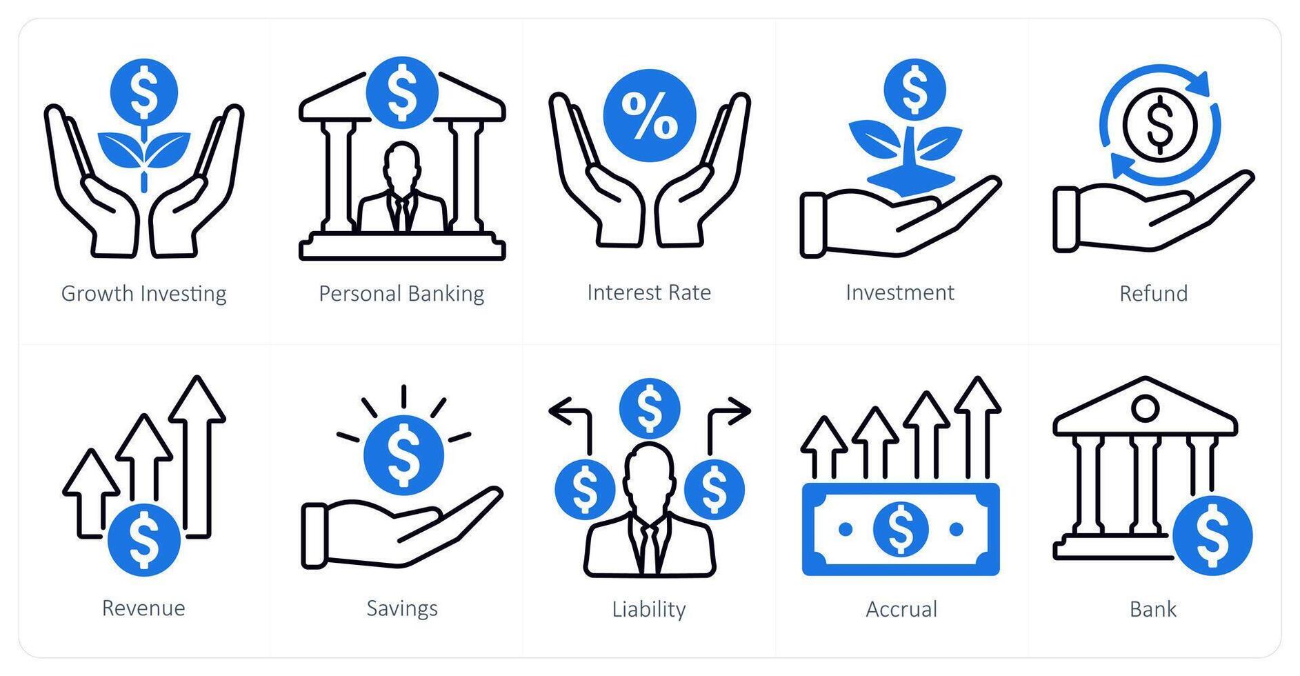 A set of 10 banking icons as growth investing, personal banking, interest rate vector
