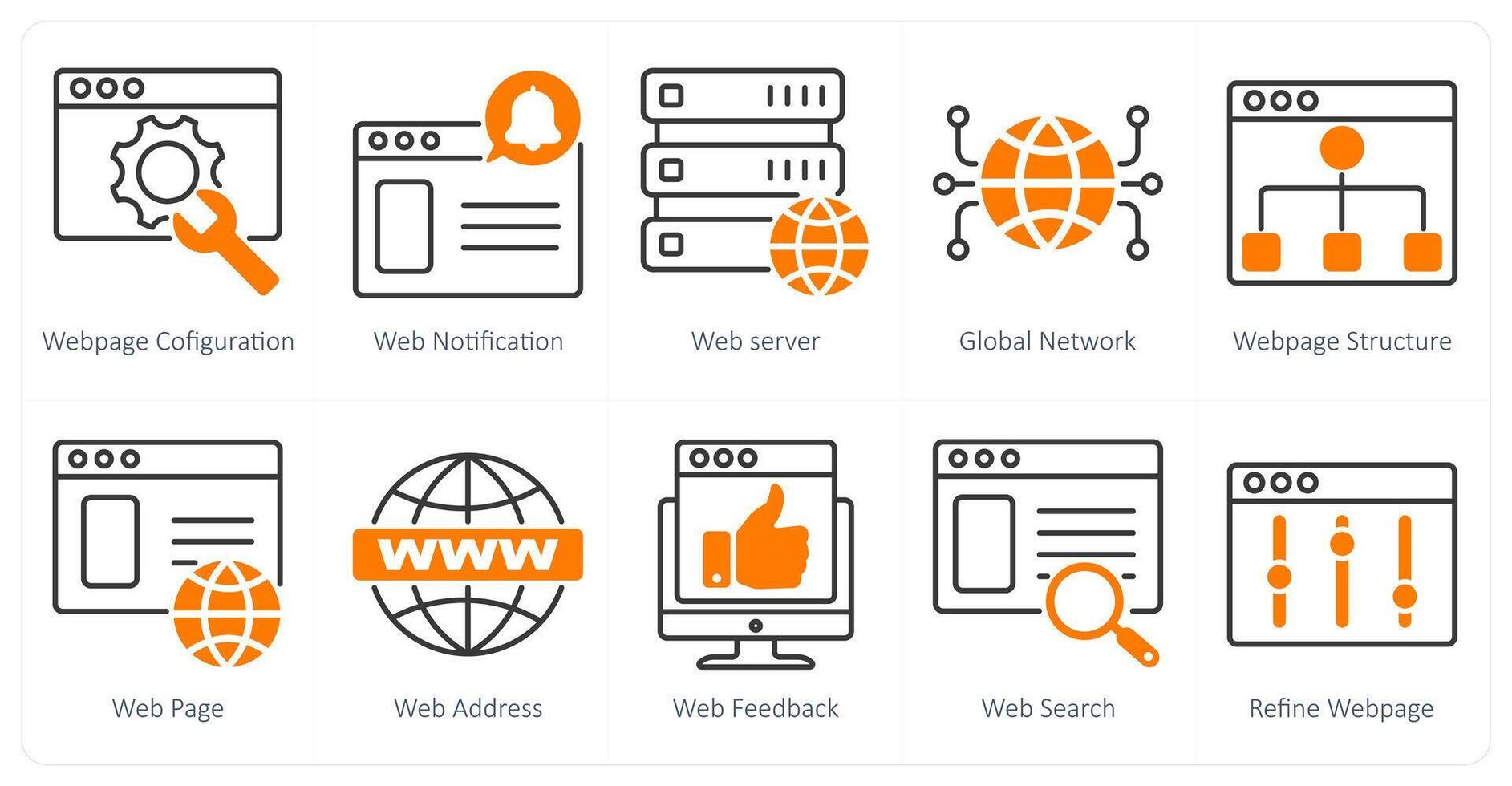 A set of 10 seo icons as webpage configuration, web notification, web server vector
