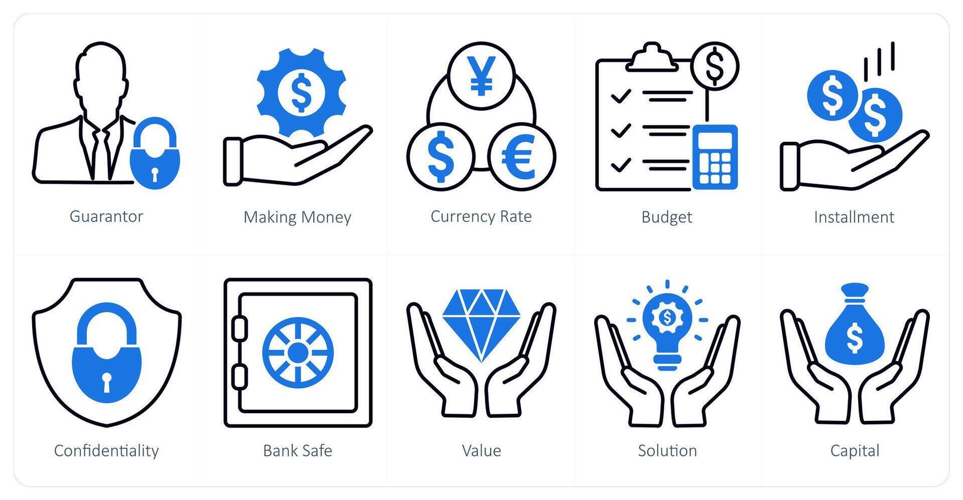 A set of 10 banking icons as gurantor, making money, currency rate vector