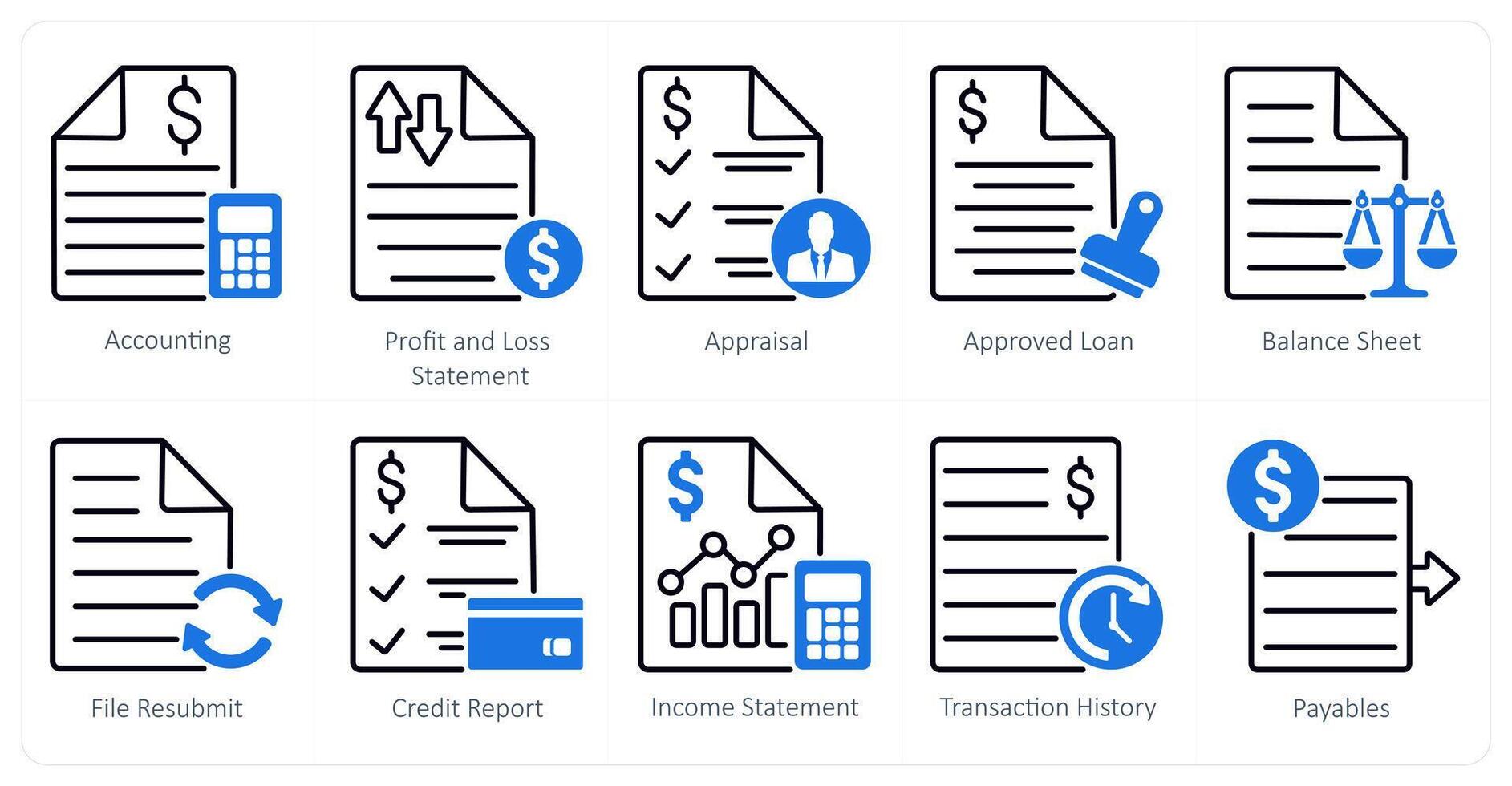 A set of 10 banking icons as accounting, profit and loss statement, appraisal vector