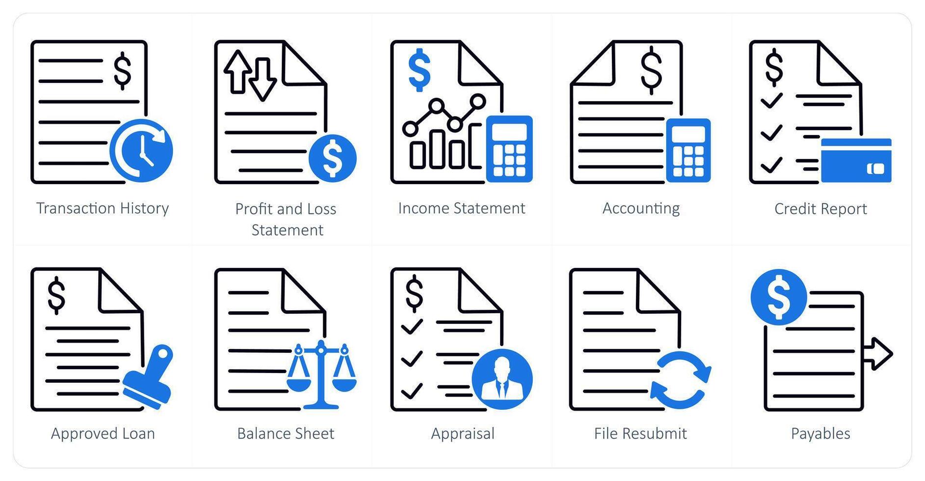 A set of 10 banking icons as transaction history, profit ans loss statement, income statement vector