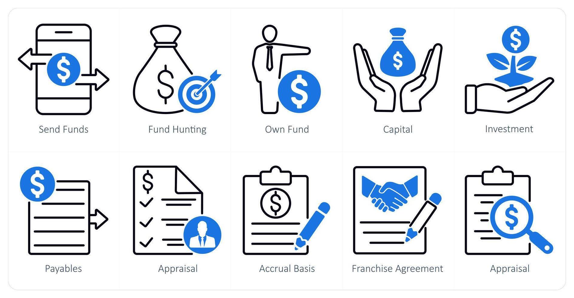 A set of 10 banking icons as send funds, fund hunting, own fund vector