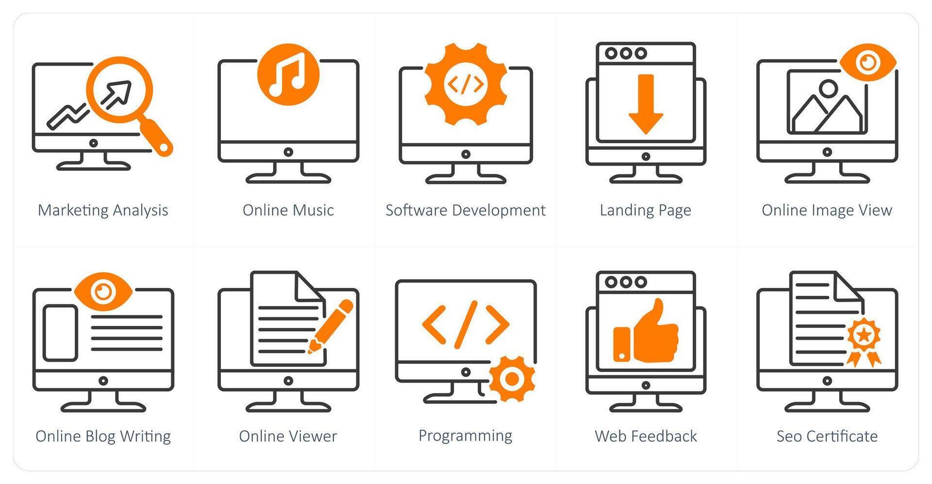 A set of 10 seo icons as marketing analysis, online music, software development vector