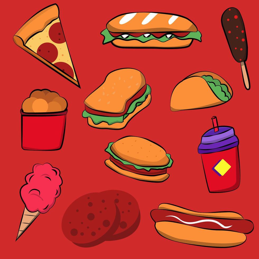 Junk food hand drawn doodle collection vector