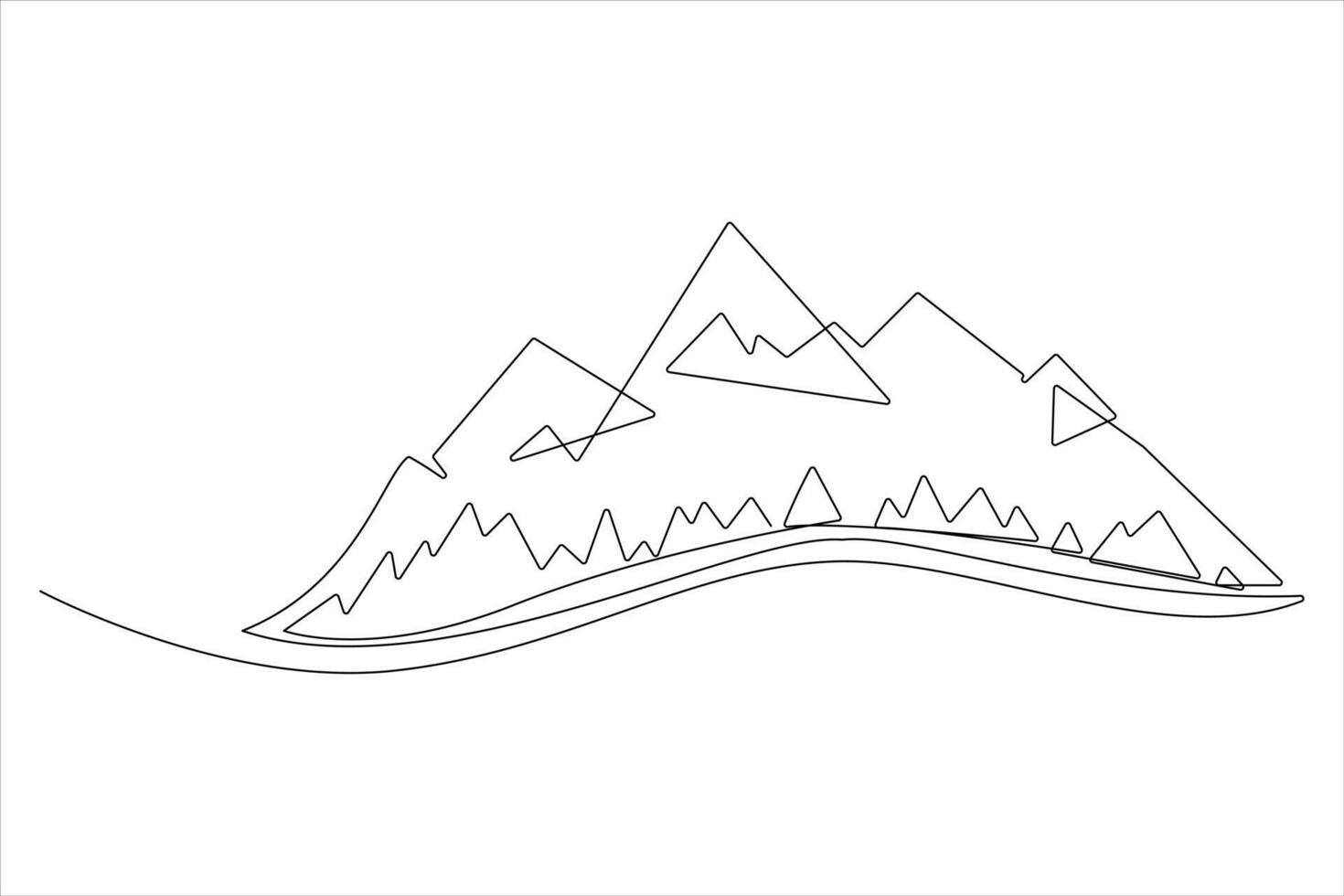 Continuous one line mountain range landscape outline art illustration vector