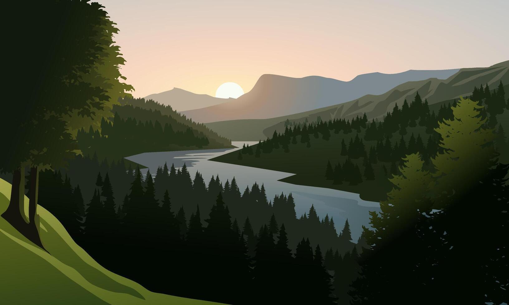 Scenic sunrise landscape with river, forest and mountains vector