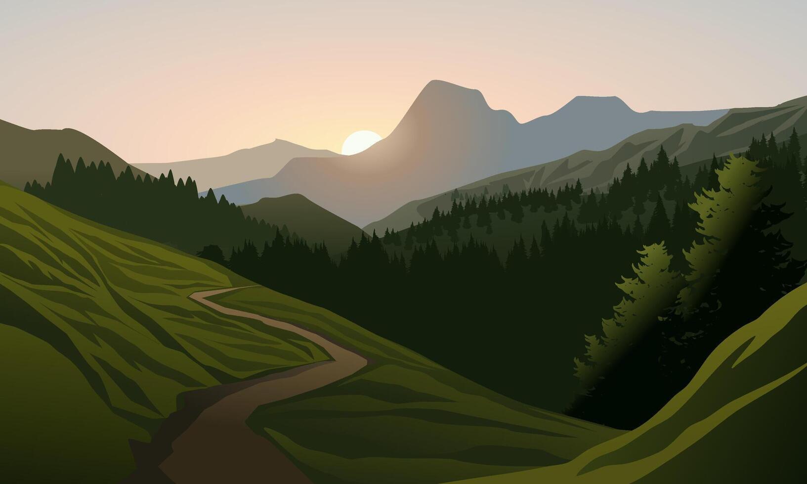 Beautiful sunrise landscape with footpath, forest and mountains vector