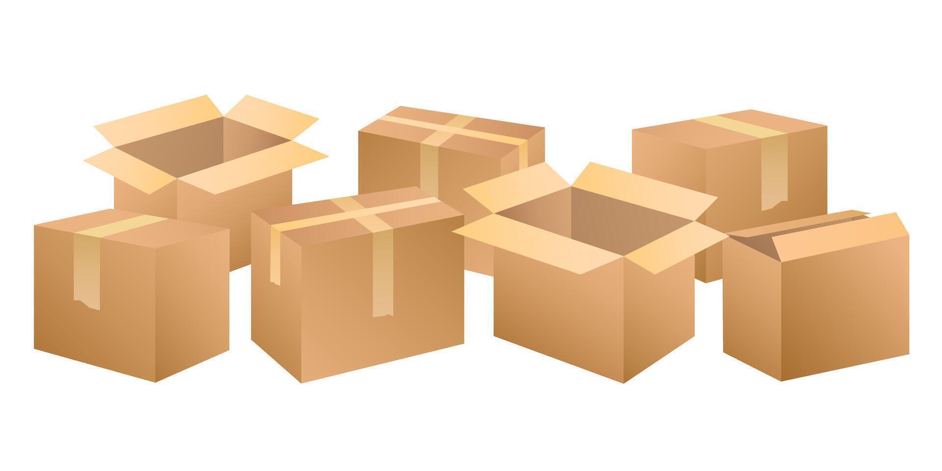 Carton boxes collection brown color illustration. Isolated object on white background. vector