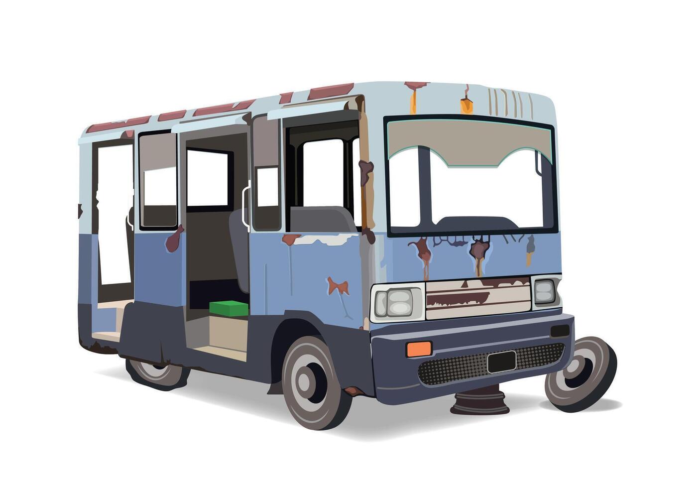 Old rusty car illustration. Old abandoned bus transportation. Isolated on white background. vector