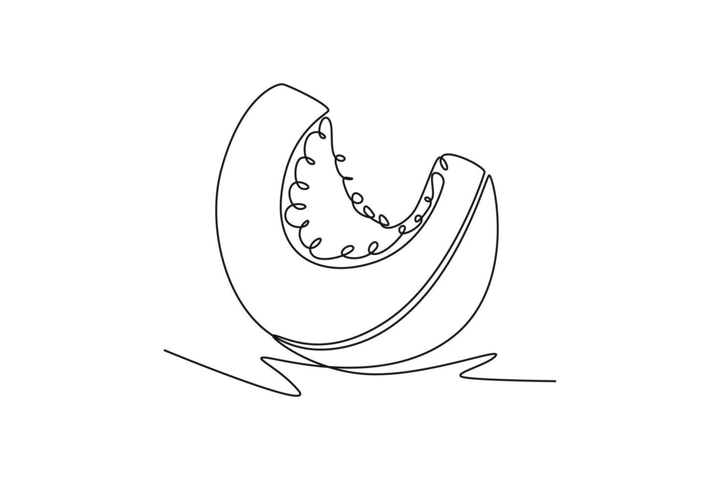 Single continuous line drawing of sliced healthy organic pumpkin for orchard logo identity. Fresh fall fruitage concept for fruit garden icon. Dynamic one line draw graphic design illustration vector