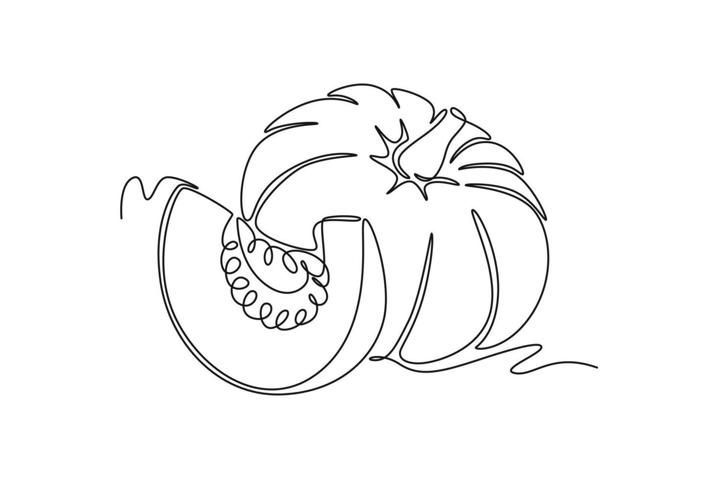 Single continuous line drawing whole round and sliced healthy organic pumpkin for orchard logo identity. Fresh seasonal fruitage concept for fruit garden. One line graphic design illustration vector