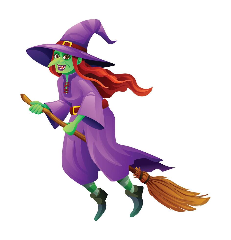 Witch character flying on broomstick. Cartoon illustration isolated on white background vector