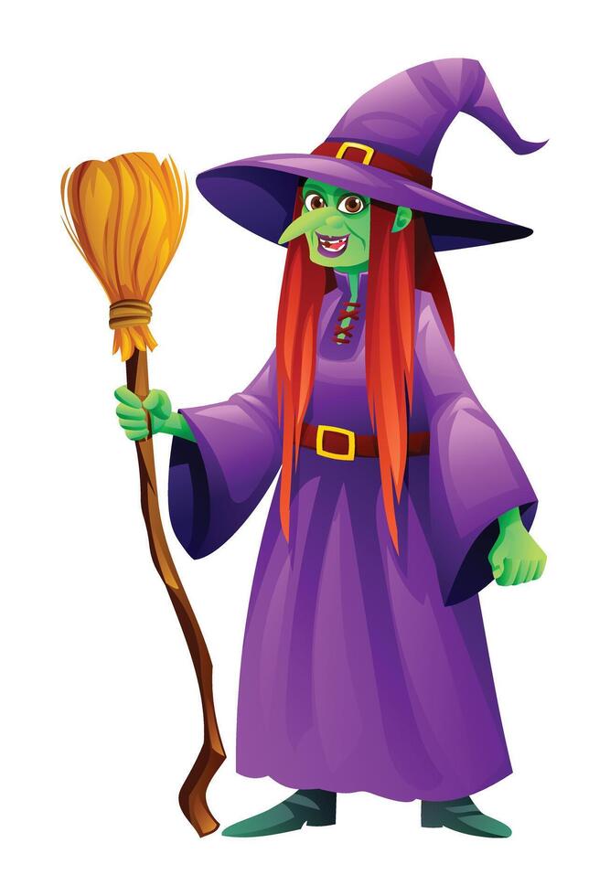 Witch character holding broomstick. Cartoon illustration isolated on white background vector