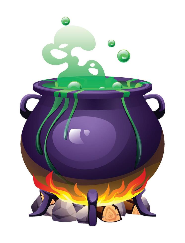 Witch cauldron with green bubbling potion over a fire. Cartoon illustration isolated on white background vector
