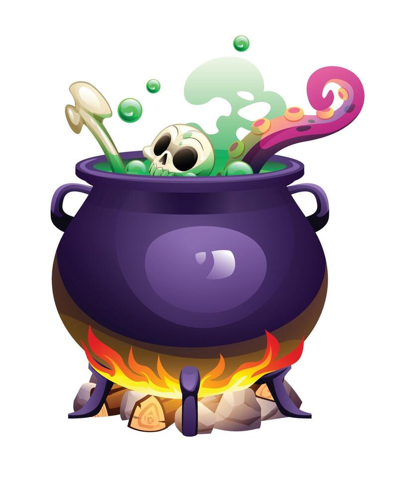 Witch cauldron with skull, bone, and tentacle in green bubbling potion over a fire. Cartoon illustration isolated on white background vector