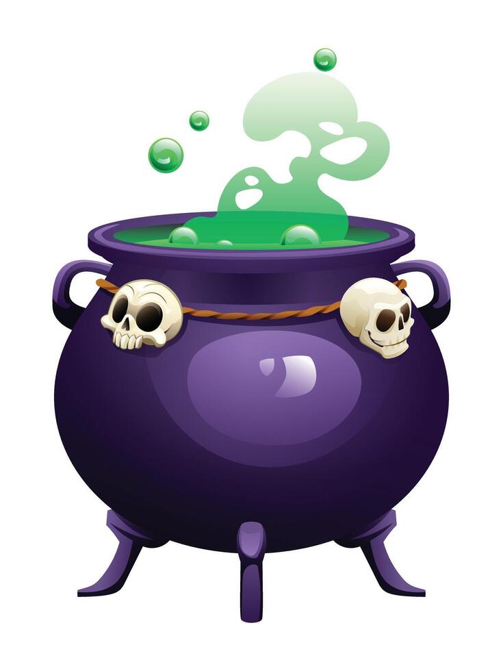 Witch cauldron with skulls and green bubbling potion cartoon illustration isolated on white background vector