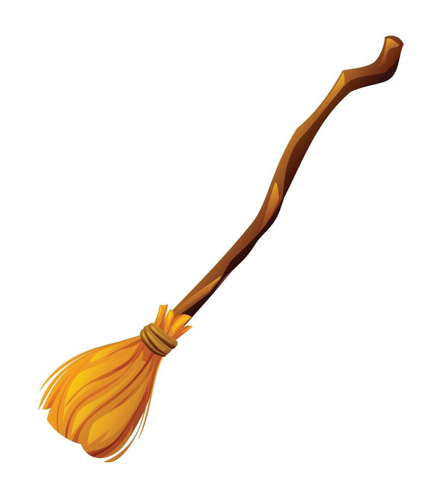 Witch broom with wooden handle and yellow bristles cartoon illustration vector