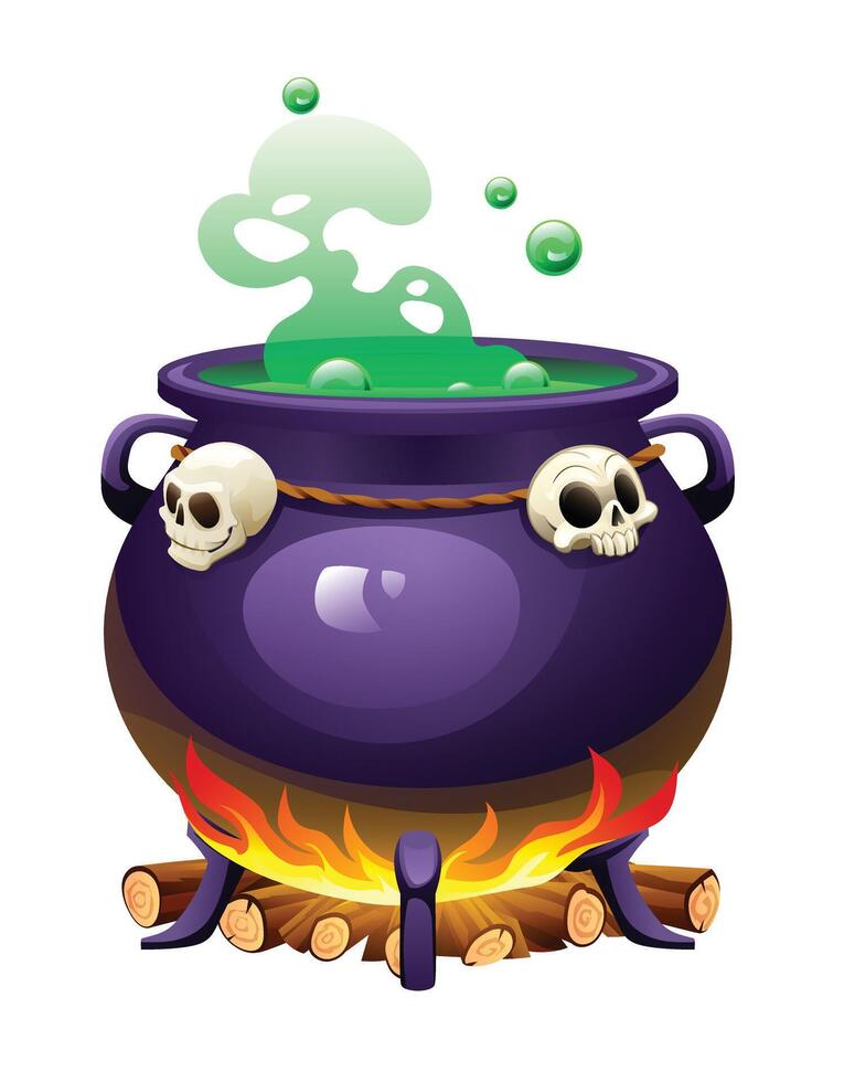 Witch cauldron with skulls and green bubbling potion over a fire. Cartoon illustration isolated on white background vector