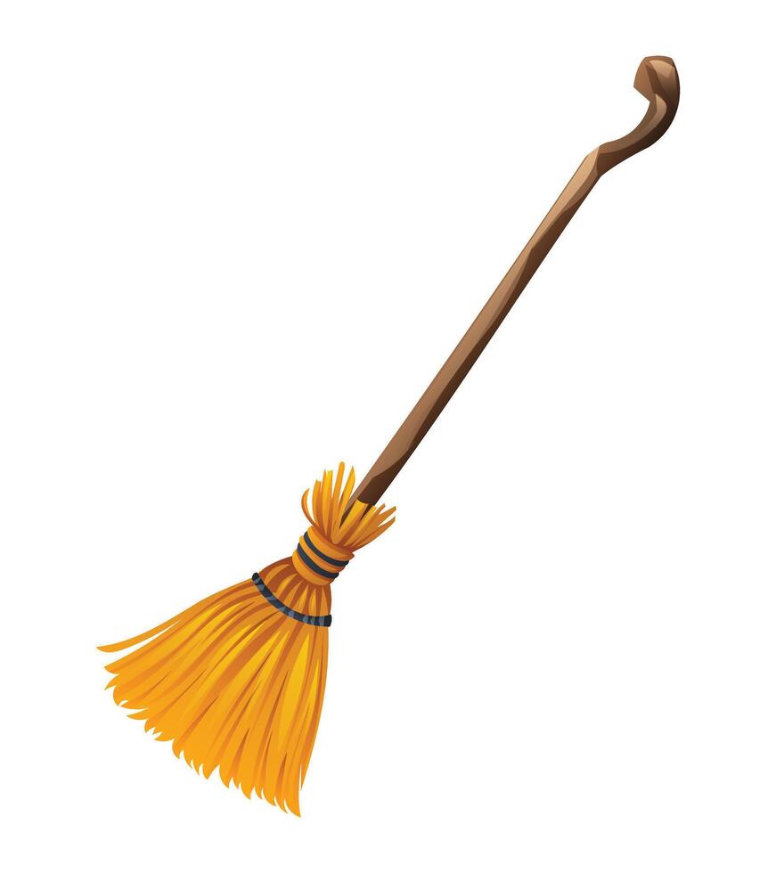 Witch broom with wooden handle and yellow bristles. Cartoon illustration isolated on white background. vector