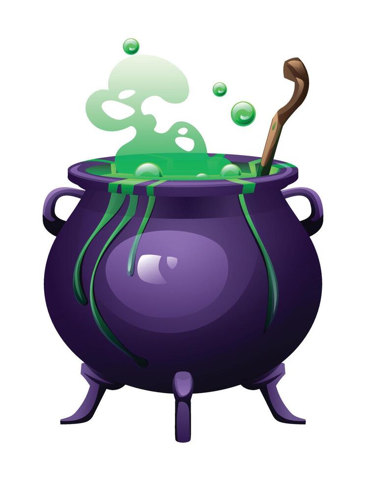 Witch cauldron with green bubbling potion and wooden stirrer. Cartoon illustration isolated on white background vector